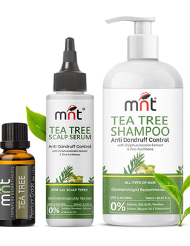 MNT Tea Tree Anti-Dandruff Hair Care Combo – Shampoo, Scalp Serum, and Essential Oil for Flake-Free, Soothing, Healthy Scalp Treatment