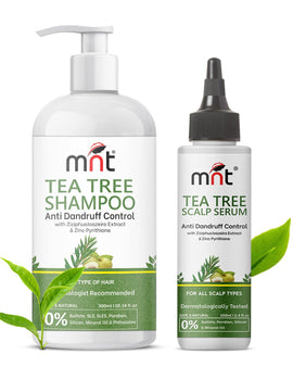 MNT Tea Tree Anti-Dandruff Hair Care Combo – 300ml Shampoo + 100ml Scalp Serum for Flake-Free, Soothing, Healthy Scalp Treatment