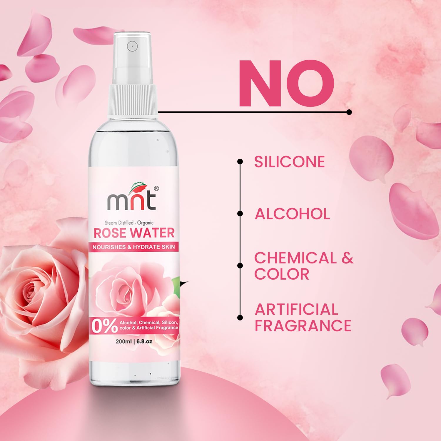 MNT Steam Distilled Organic Rose Water (Kannauj Gulab Jal) - 100% Pure & Natural Hydrating Facial Toner, 200 ml