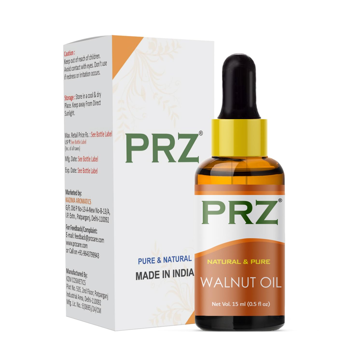 PRZ Walnut Cold Pressed Carrier Oil - Pure Natural & Therapeutic Grade Oil for Aromatherapy Body Massage, Skin Care & Hair Care