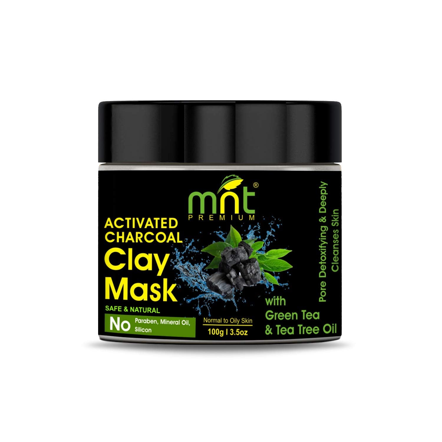MNT Activated Charcoal Clay Mask with Green Tea & Tea Tree Oil for All Skin Types |Pore Detoxifying & Deeply Cleanses Skin, 100g