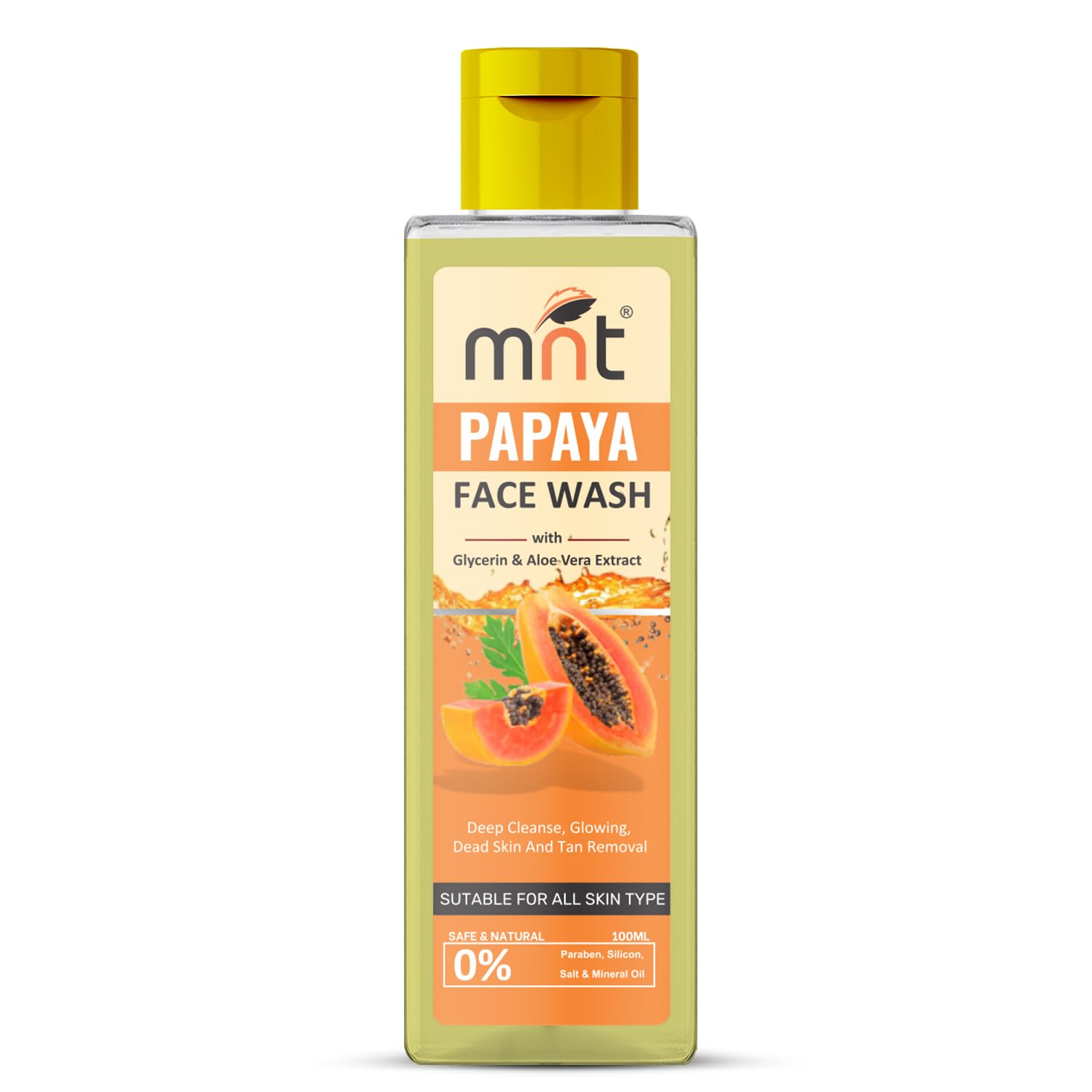 MNT Papaya Face Wash with Glycerin & Aloe Vera Extract for Deep Cleanse, Glowing, Dead Skin and Tan Removal, 100 ml