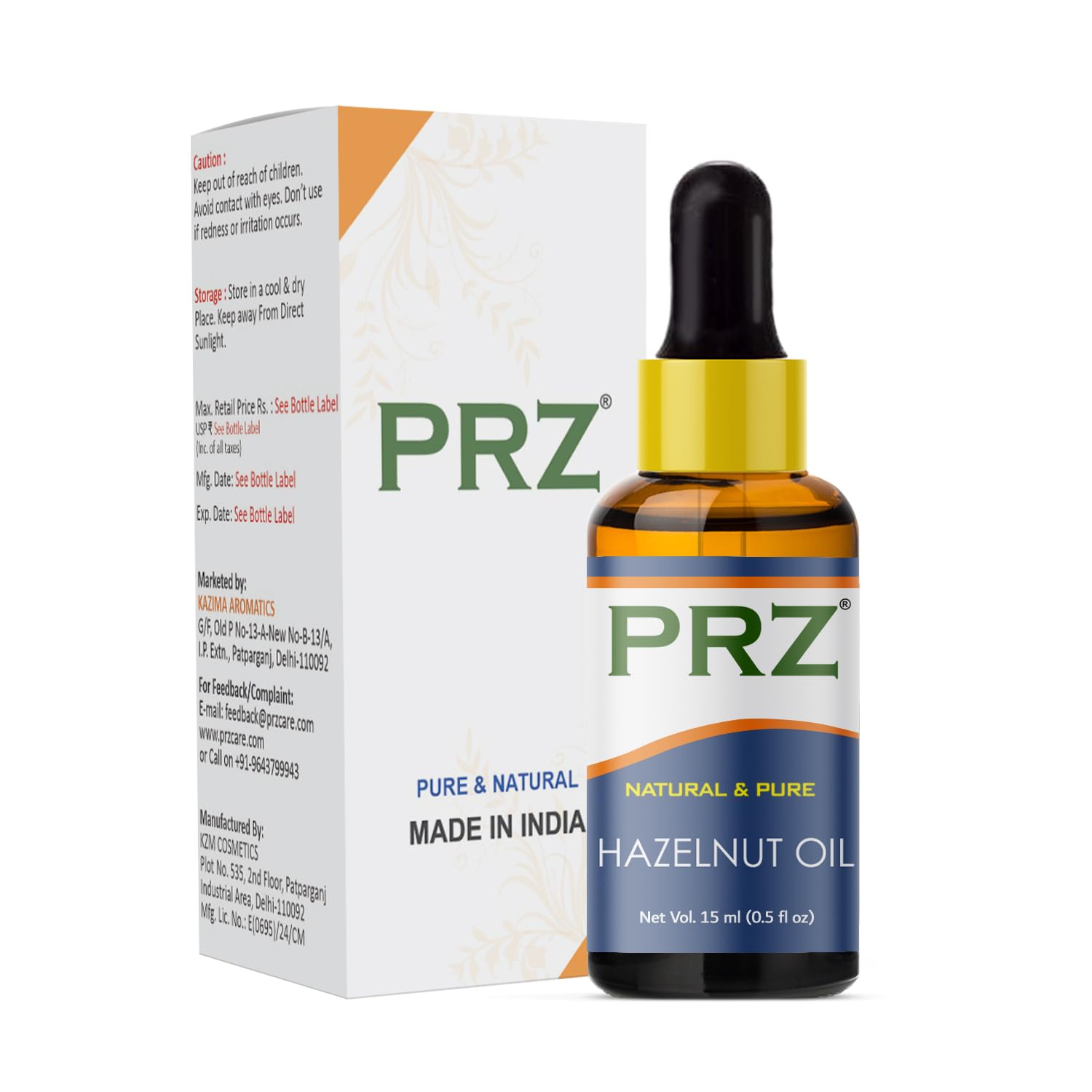 PRZ Hazelnut Cold Pressed Carrier Oil - Pure Natural & Therapeutic Grade Oil for Aromatherapy Body Massage, Skin Care & Hair Care