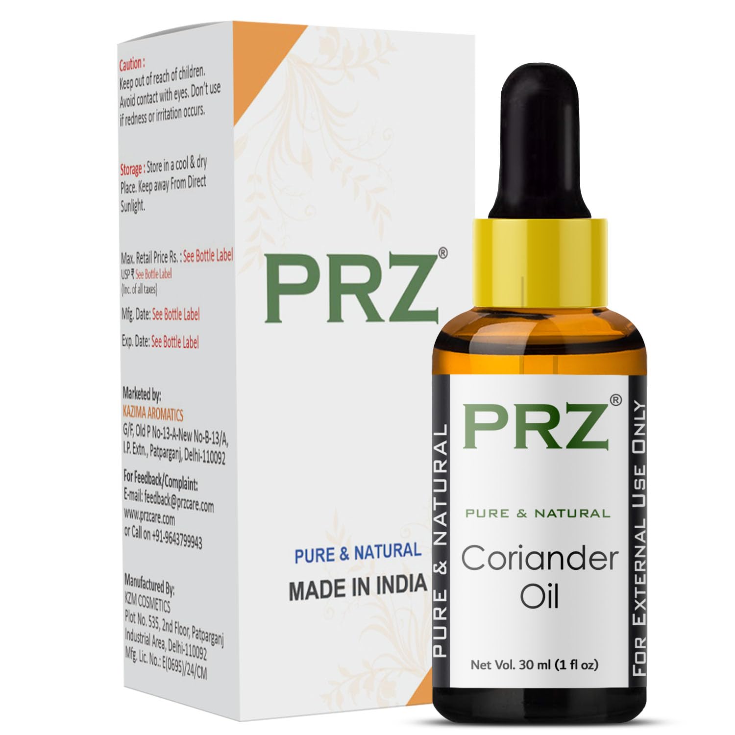 PRZ Coriander Essential Oil - Pure Natural Aromatherapy & Therapeutic Grade Oil for Skin Care & Hair Care