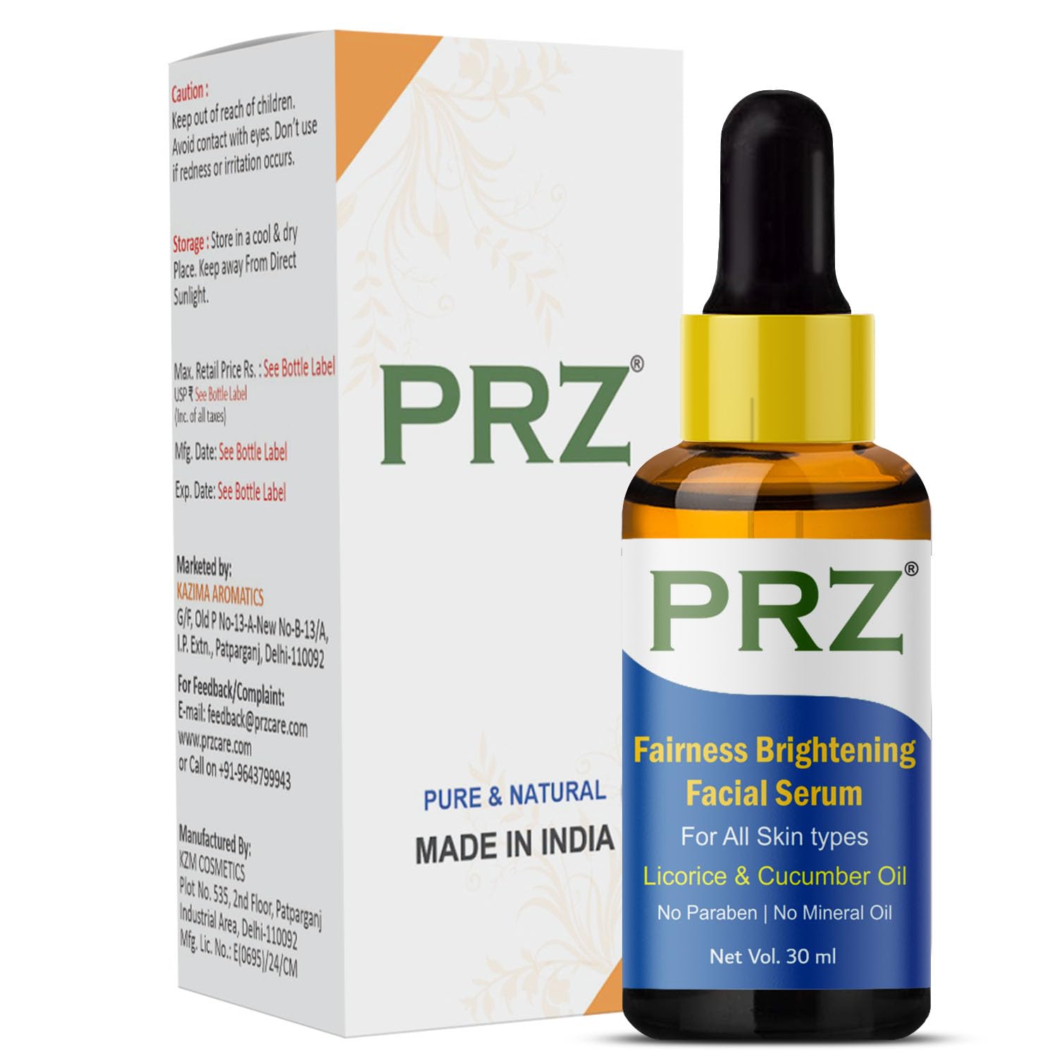 PRZ Fairness Brightening Facial Serum (30ML) For All Skin types - Under Eye Dark Circles, Anti Aging, Skin Fairness Brightening With Licorice & Cucumber Oil (No Paraben | No Mineral Oil)