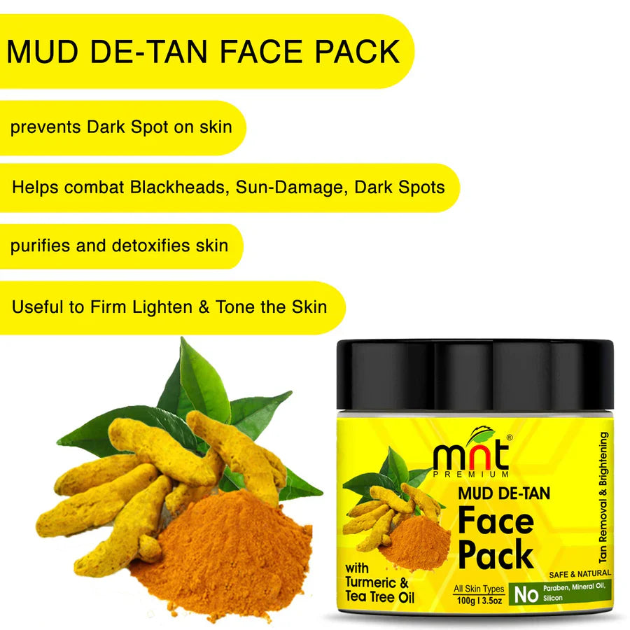 MNT Mud De-Tan Face Pack with Turmeric & Tea Tree Oil for All Skin Types Tan Removal| Skin Brightening, 100g