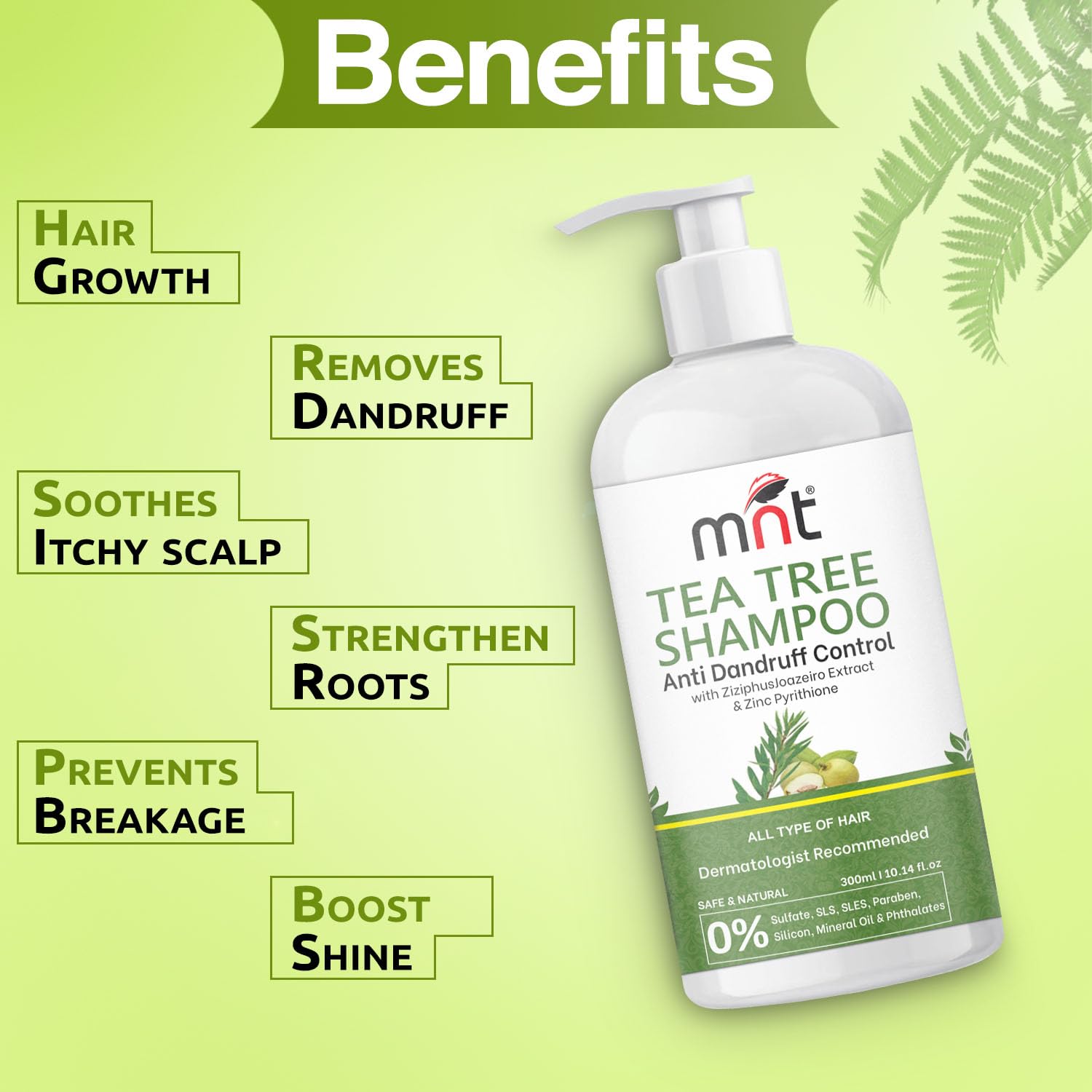 MNT Tea Tree Anti-Dandruff Shampoo 300ml – Eliminates Flakes, Relieves Itchy Scalp, Refreshes Hair, Nourishing Formula for All Hair Types.