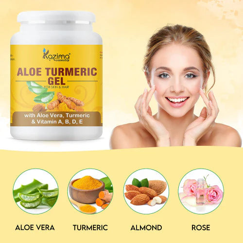 KAZIMA Aloe Turmeric Gel with Pure Aloe Vera, Turmeric & Vitamin A, B, D, E for Face, Skin & Hair - Moisturizing, Skin Brightening, Acne Scars, Wrinkles, Sunburn & Dark Circles