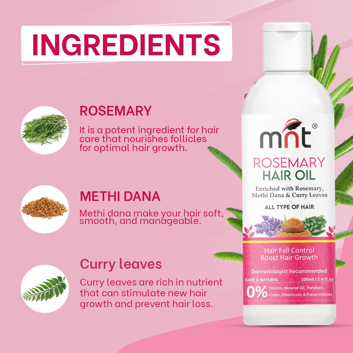 MNT Rosemary Hair Oil for Hair Growth with Methi Dana & Rosemary | For Thicker, Shiny, Stronger & Healthy Hair | Pure Rosemary Oil for Hair Growth, Hair Fall Control | 100 ml