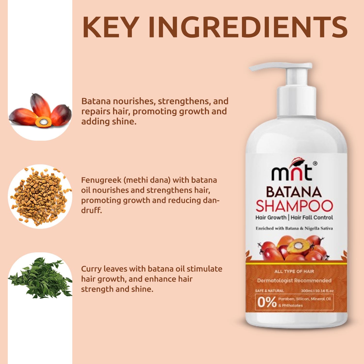 MNT Batana Shampoo with Methi Dana & Curry Leaf for Hair Fall & Dandruff Control | Strengthens and Reduces Breakage | Helps Repair Damaged Hair & Split ends | Promotes Voluminous & Thick Hair| 300 ml