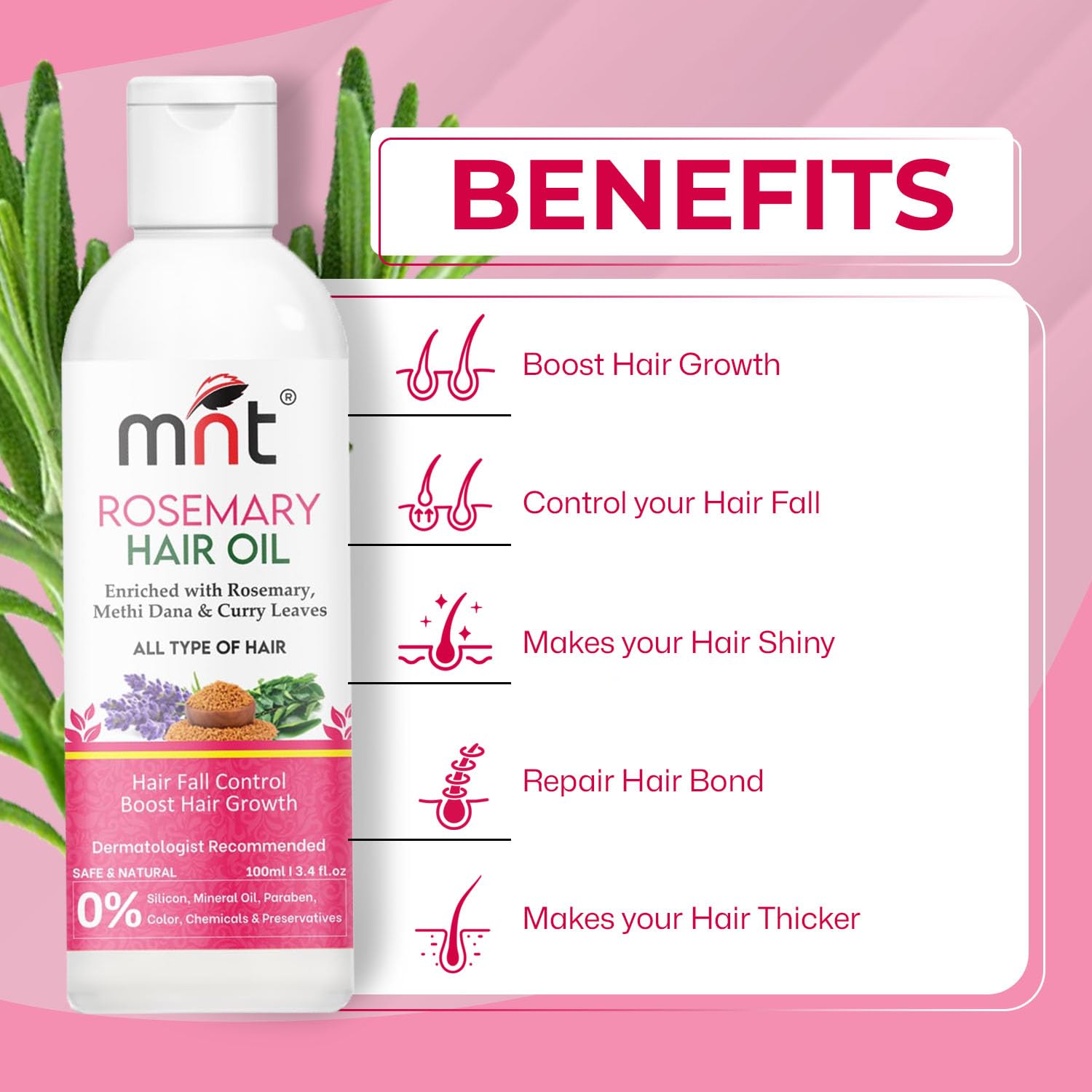 MNT Rosemary Hair Oil for Hair Growth with Methi Dana & Rosemary | For Thicker, Shiny, Stronger & Healthy Hair | Pure Rosemary Oil for Hair Growth, Hair Fall Control | 100 ml
