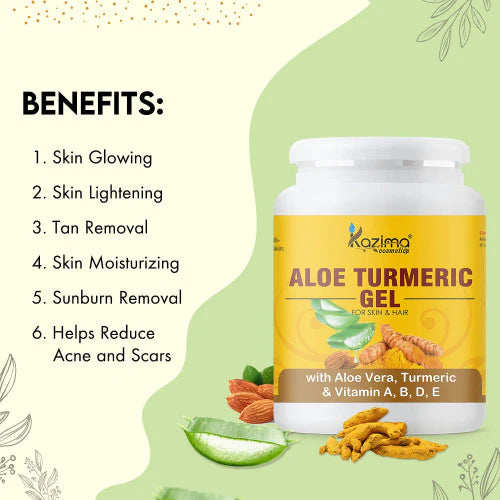 KAZIMA Aloe Turmeric Gel with Pure Aloe Vera, Turmeric & Vitamin A, B, D, E for Face, Skin & Hair - Moisturizing, Skin Brightening, Acne Scars, Wrinkles, Sunburn & Dark Circles