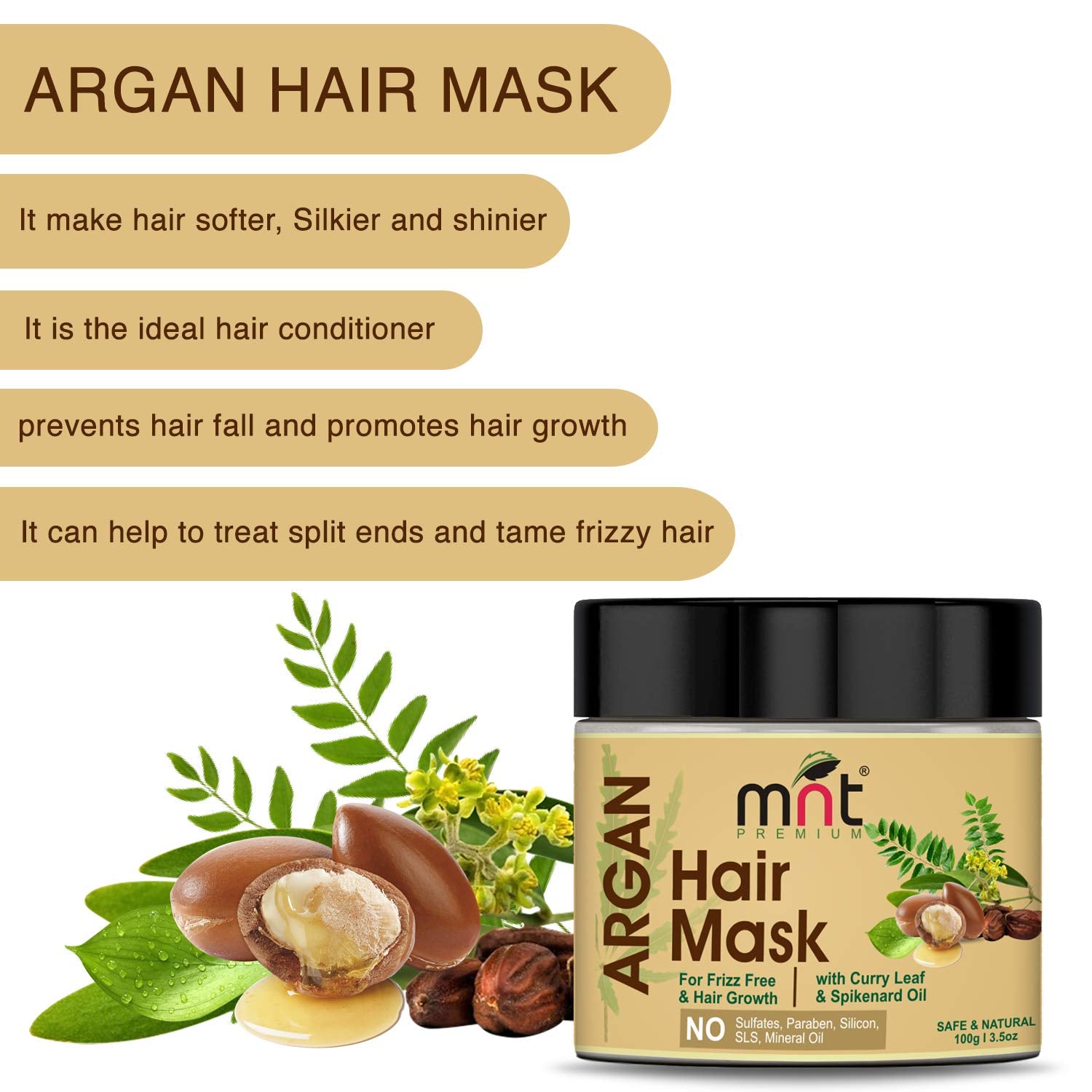 MNT Argan Hair Mask with Curry Leaf & Spikenard Oil for Hair Grow & Frizz free Hair, 100g