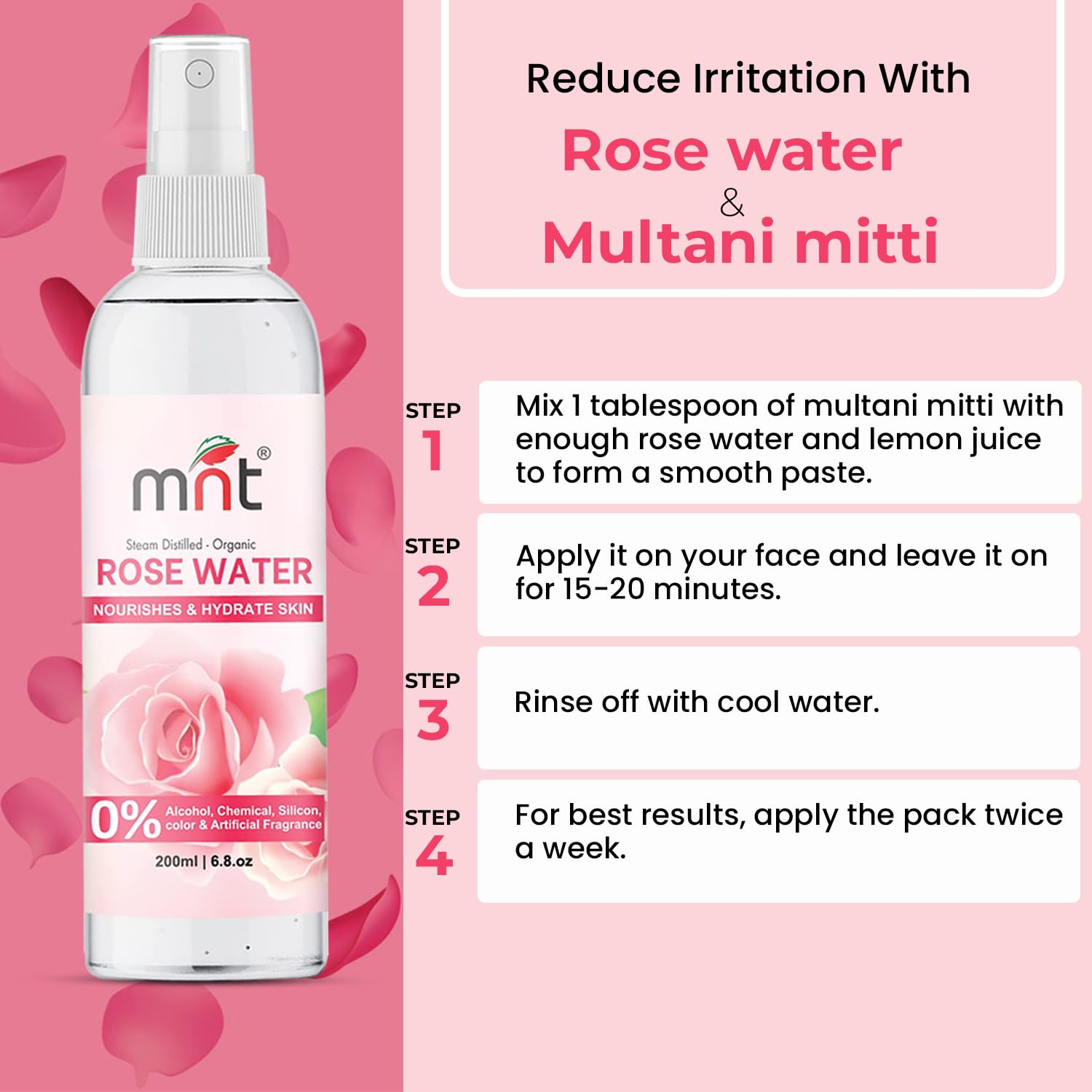 MNT Steam Distilled Organic Rose Water (Kannauj Gulab Jal) - 100% Pure & Natural Hydrating Facial Toner, 200 ml