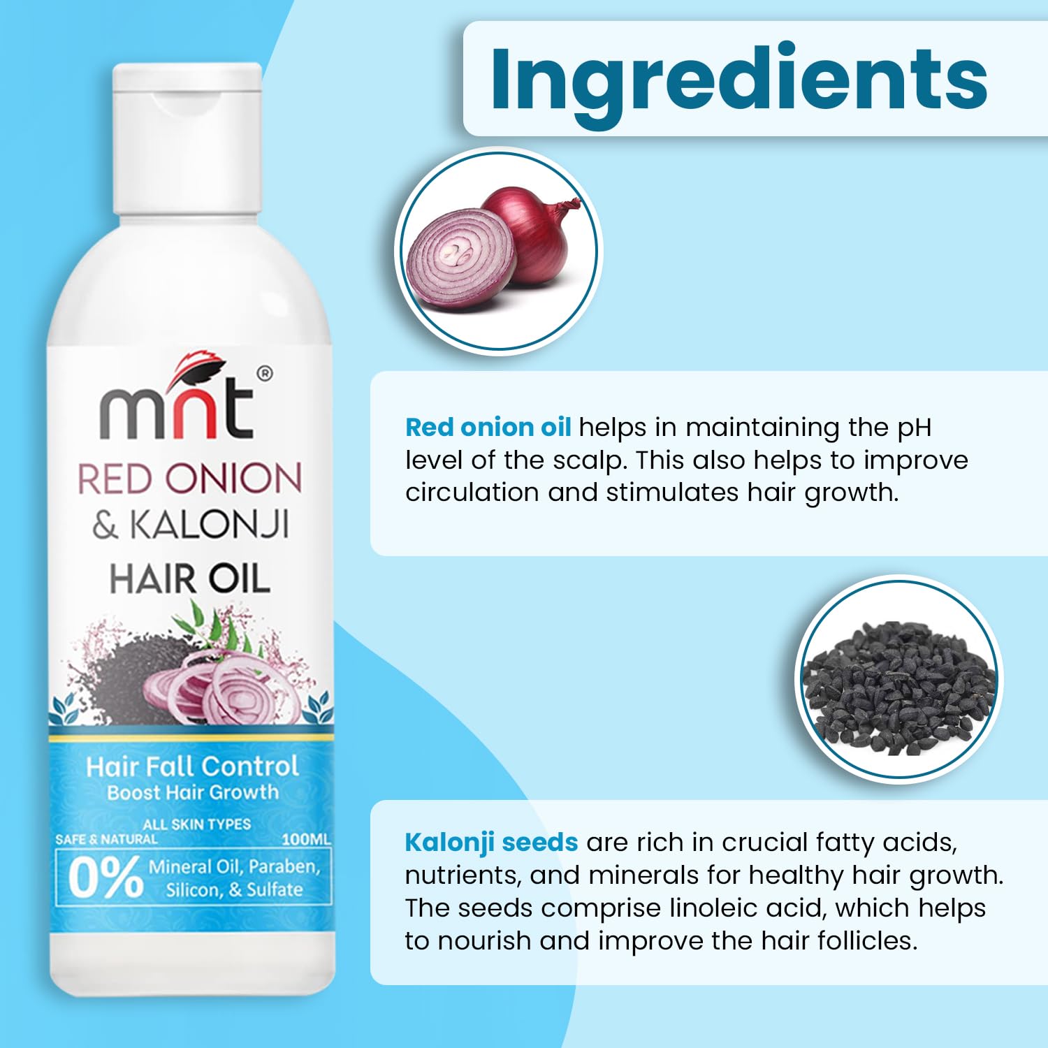 MNT Red Onion & Kalonji Hair Oil for Hair Growth and Hair Fall Control with Onion & Black Cumin Seed Oil, 100 ml