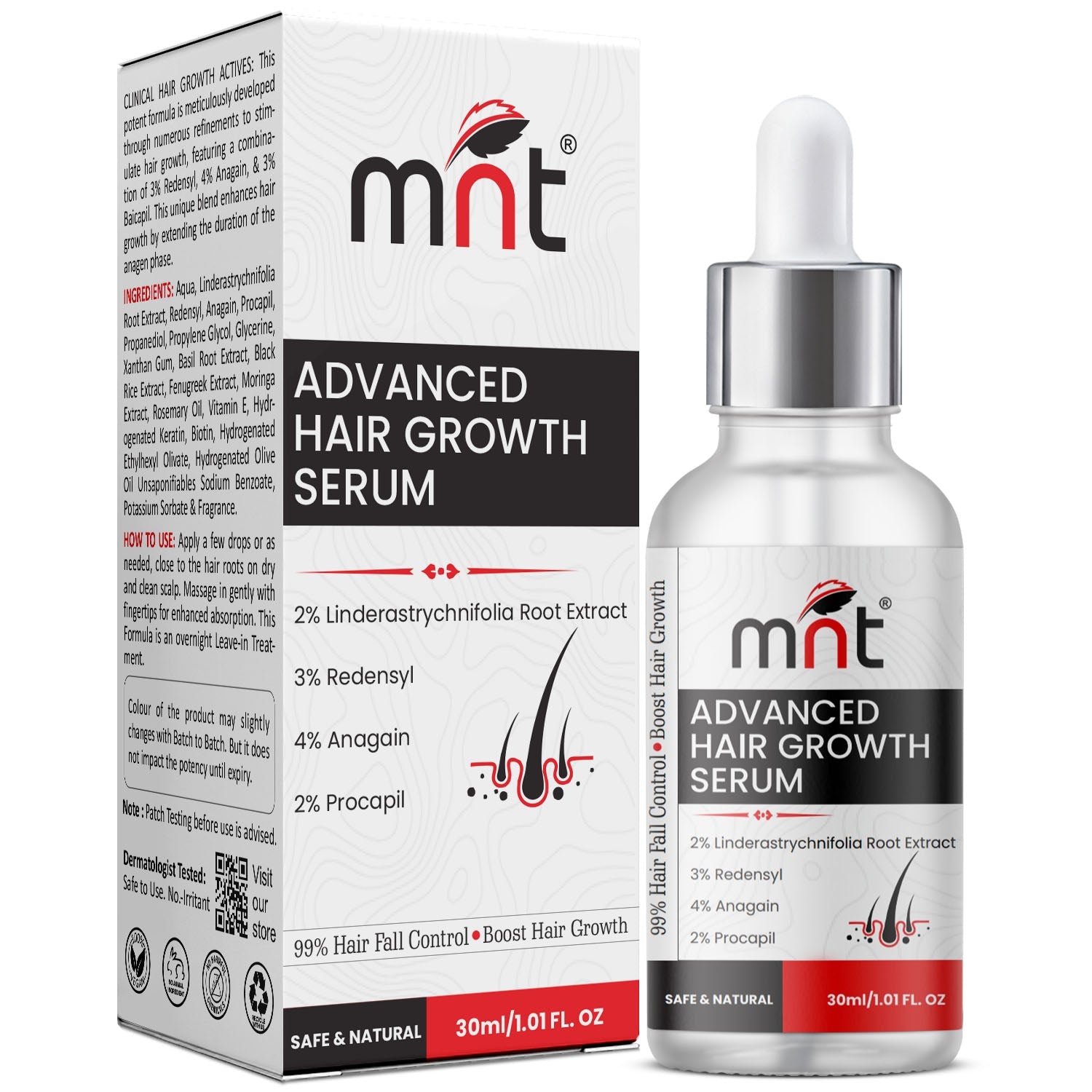 MNT Advanced Hair Growth Serum with 2% Lindera Strychnifolia 3% Redensyl, 4% Anagain, 2% Procapil | Hair Growth Serum for Scalp | Hair Growth Serum for Women & Men | 30 ml