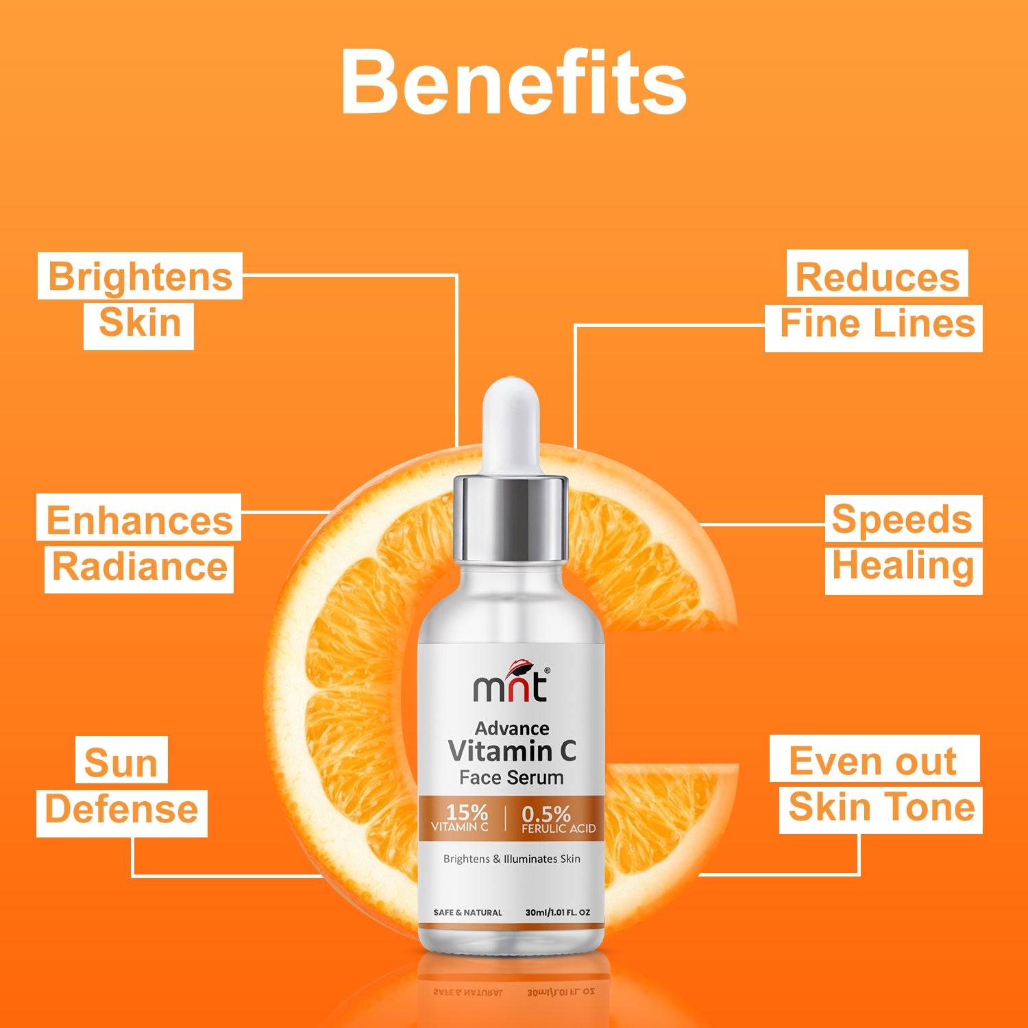 MNT 15% Vitamin C Face Serum with 0.5% Ferulic Acid – Powerful Antioxidant Formula for Glowing, Youthful Skin, Reduces Dark Spots, Firms and Hydrates, 30ml