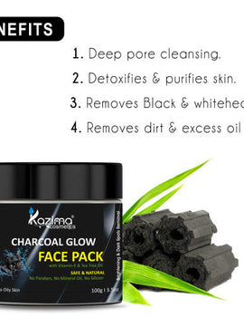 KAZIMA Charcoal Glow Face Pack with Vitamin-E & Tea Tree Oil for Skin Brightening, Deep Cleansing & Pore Detoxifying 100g