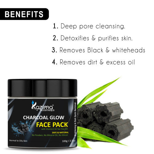 KAZIMA Charcoal Glow Face Pack with Vitamin-E & Tea Tree Oil for Skin Brightening, Deep Cleansing & Pore Detoxifying 100g