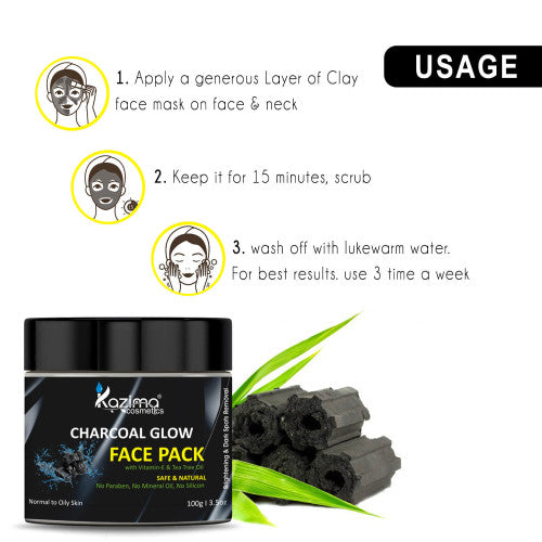KAZIMA Charcoal Glow Face Pack with Vitamin-E & Tea Tree Oil for Skin Brightening, Deep Cleansing & Pore Detoxifying 100g