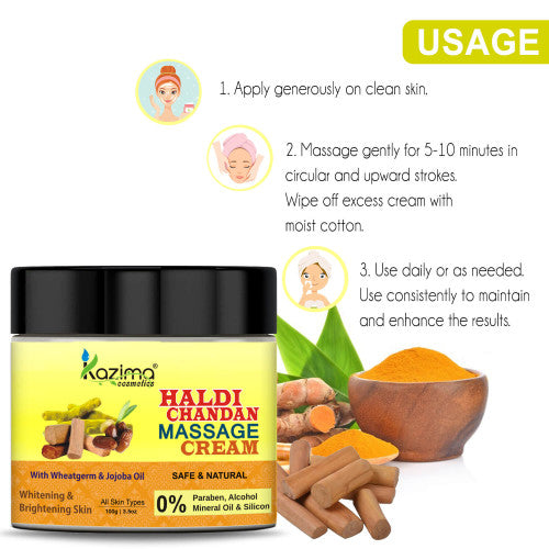 KAZIMA Haldi Chandan Massage Cream with Wheatgerm & Jojoba Oil (100g) – Skin Whitening, Brightening, and Nourishing Cream for Radiant Skin