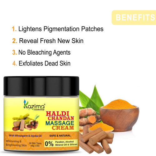 KAZIMA Haldi Chandan Massage Cream with Wheatgerm & Jojoba Oil (100g) – Skin Whitening, Brightening, and Nourishing Cream for Radiant Skin