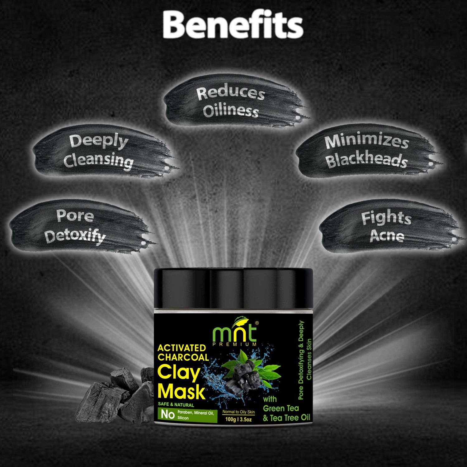 MNT Activated Charcoal Clay Mask with Green Tea & Tea Tree Oil for All Skin Types |Pore Detoxifying & Deeply Cleanses Skin, 100g