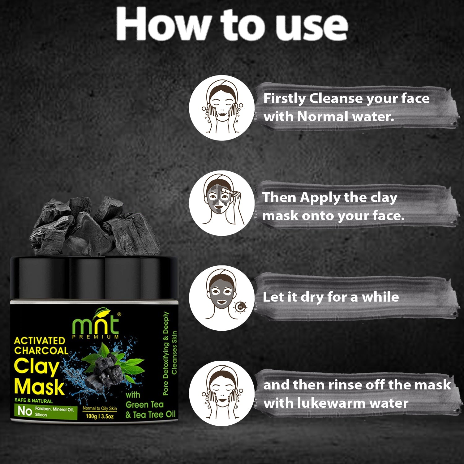 MNT Activated Charcoal Clay Mask with Green Tea & Tea Tree Oil for All Skin Types |Pore Detoxifying & Deeply Cleanses Skin, 100g