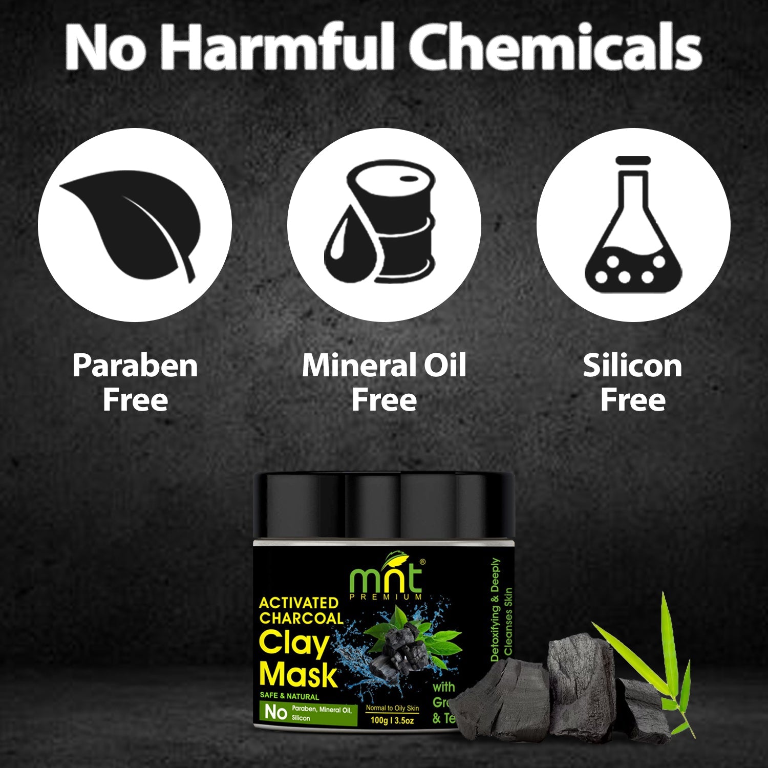 MNT Activated Charcoal Clay Mask with Green Tea & Tea Tree Oil for All Skin Types |Pore Detoxifying & Deeply Cleanses Skin, 100g