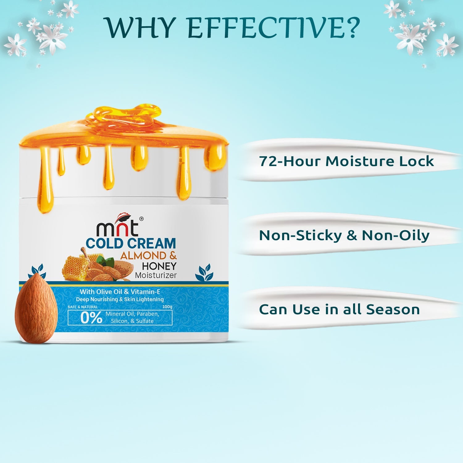 MNT Almond & Honey Cold Cream for Face, Hand and Body | Winter Moisturizer for Dry Skin with Olive Oil & Vitamin E | For Men & Women | 100 g