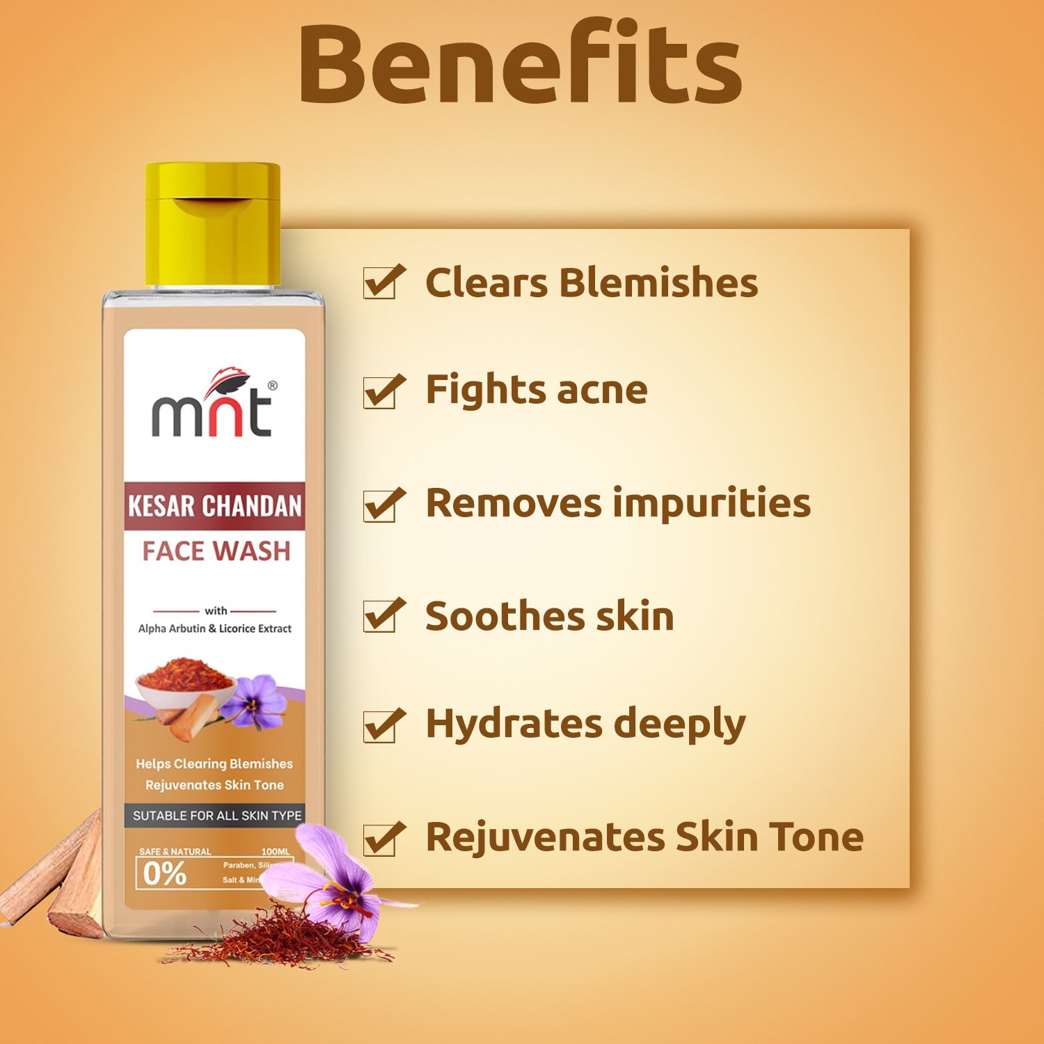 MNT Kesar Chandan Face Wash with Alpha Arbutin & Licorice Extract | Clears Blemishes and Rejuvenates Skin Tone, 100 ml