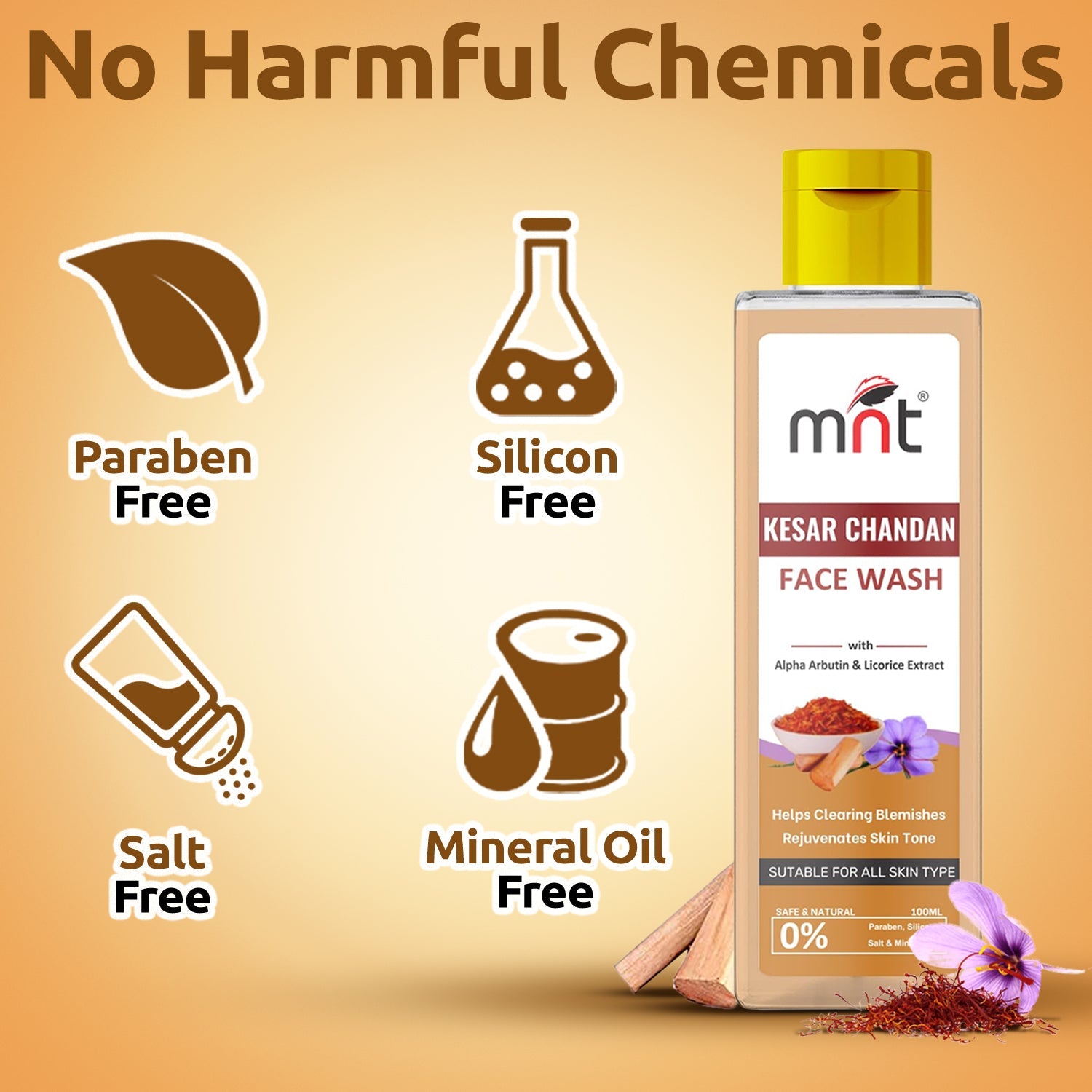 MNT Kesar Chandan Face Wash with Alpha Arbutin & Licorice Extract | Clears Blemishes and Rejuvenates Skin Tone, 100 ml