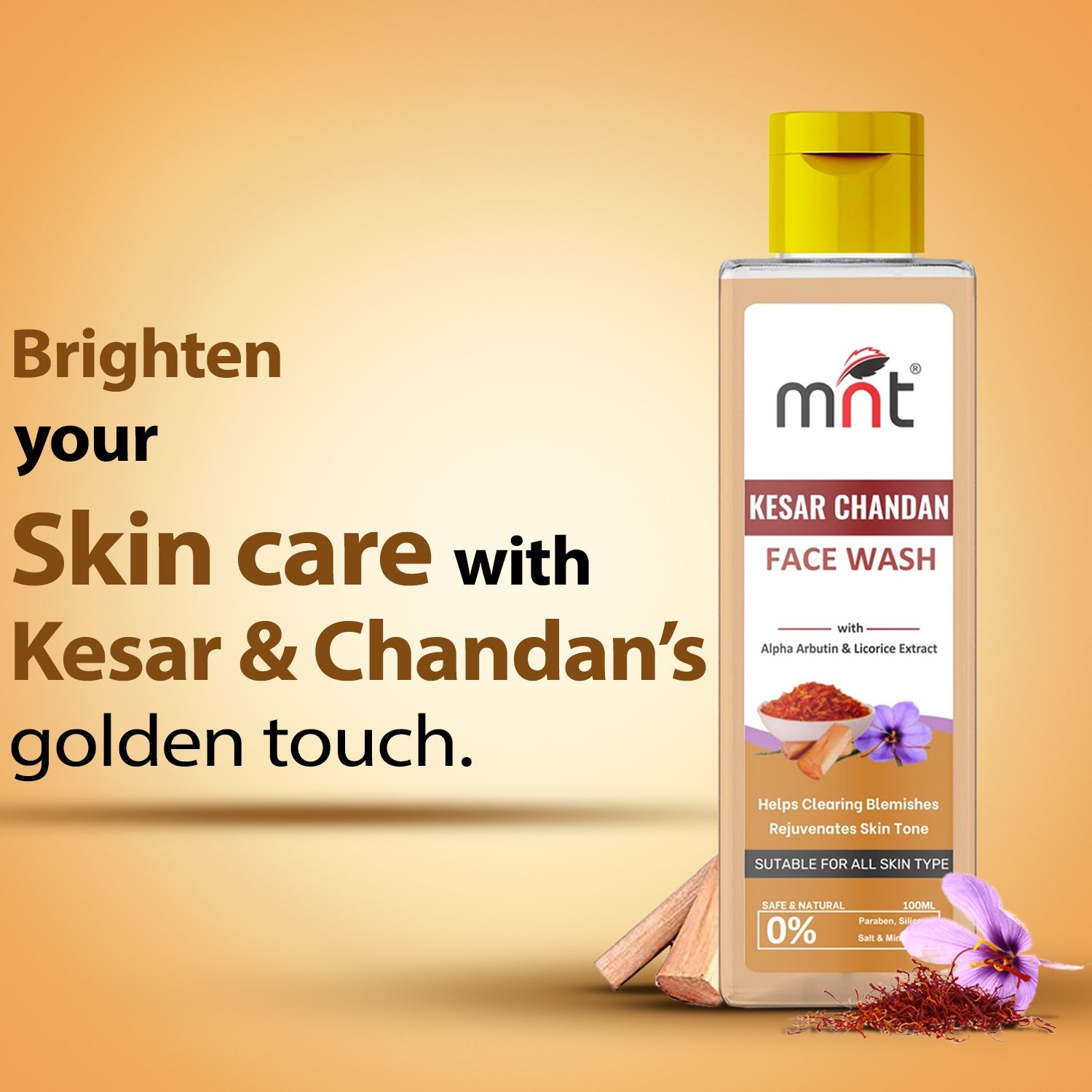 MNT Kesar Chandan Face Wash with Alpha Arbutin & Licorice Extract | Clears Blemishes and Rejuvenates Skin Tone, 100 ml