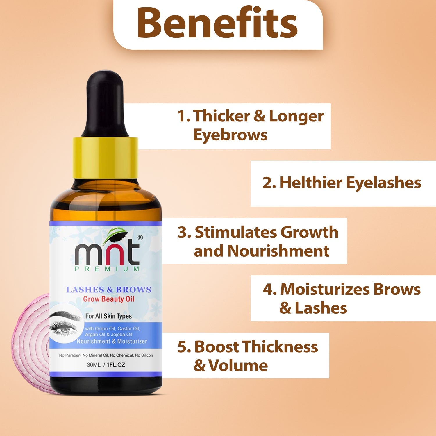 MNT Lashes & Brows Grow Beauty Oil with Argan & Jojoba Oil (30ml) For Thicker, Longer Eyebrows and Healthier Eyelashes