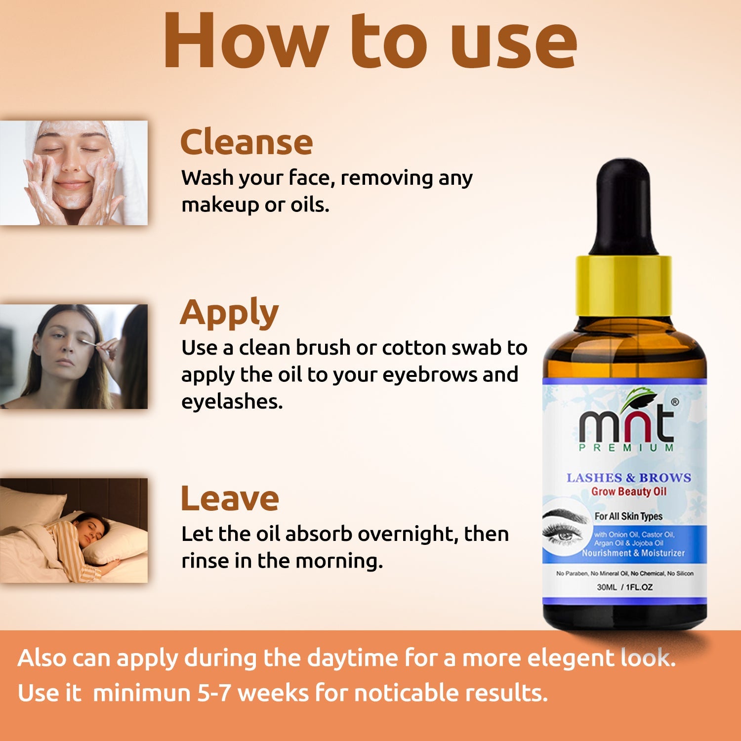 MNT Lashes & Brows Grow Beauty Oil with Argan & Jojoba Oil (30ml) For Thicker, Longer Eyebrows and Healthier Eyelashes