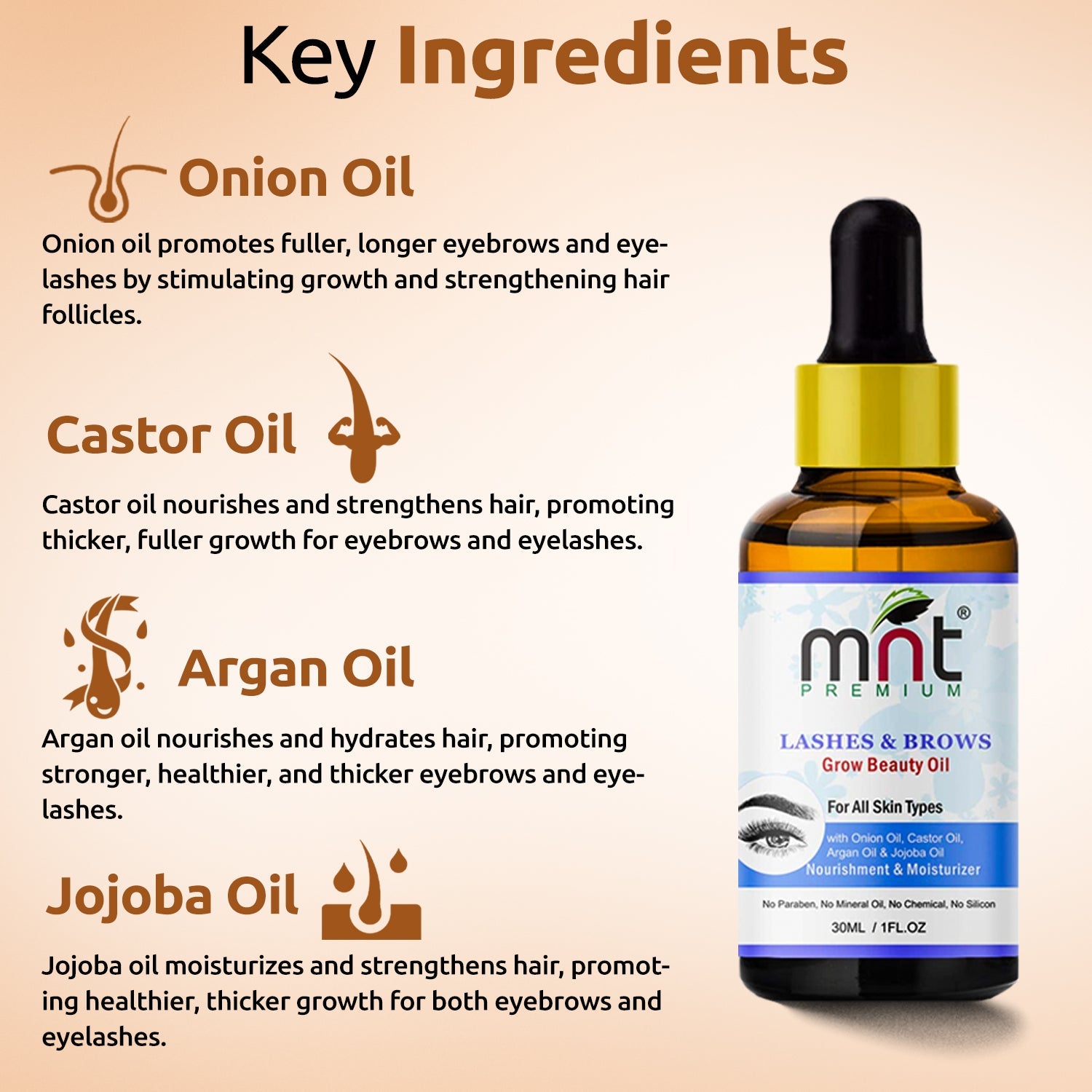 MNT Lashes & Brows Grow Beauty Oil with Argan & Jojoba Oil (30ml) For Thicker, Longer Eyebrows and Healthier Eyelashes
