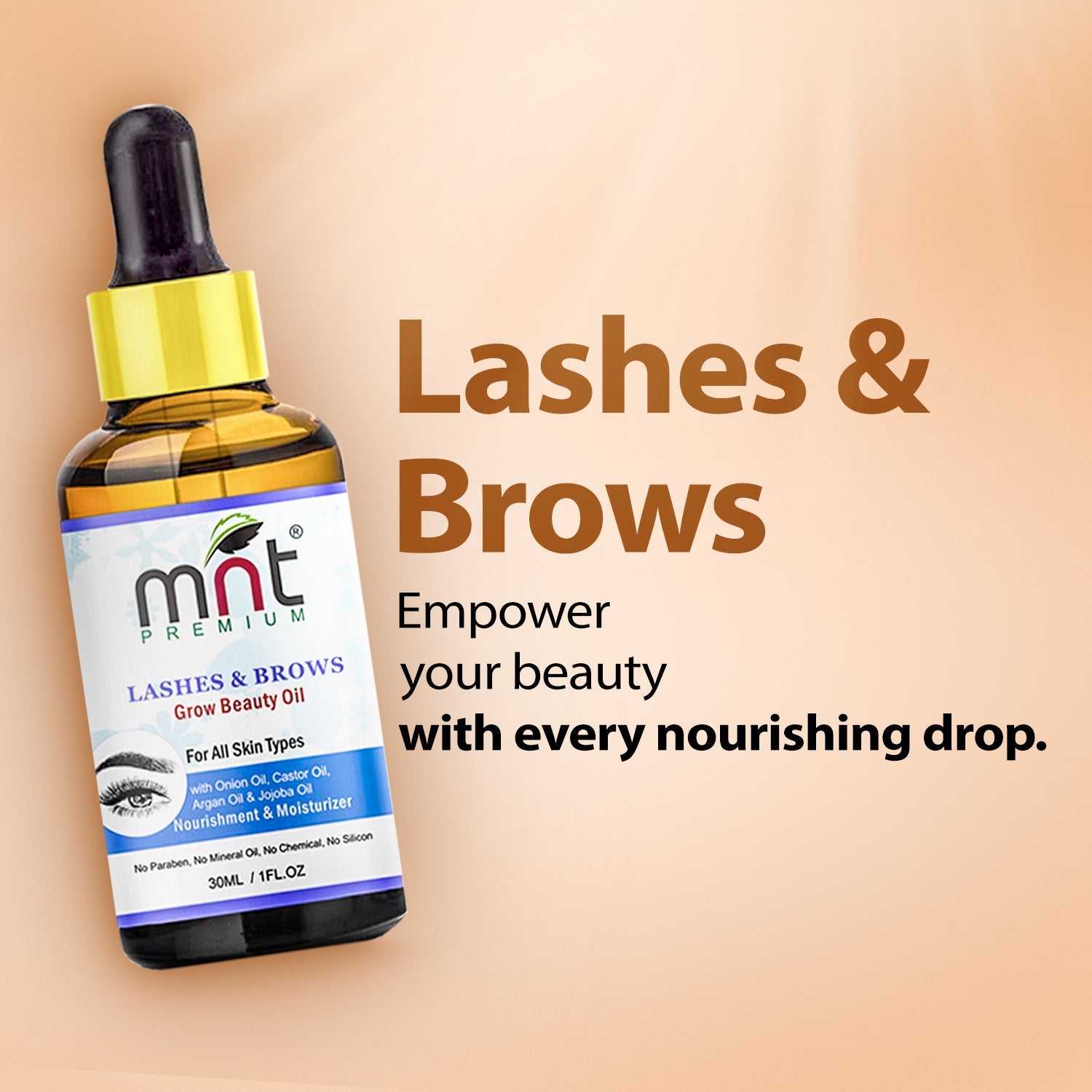 MNT Lashes & Brows Grow Beauty Oil with Argan & Jojoba Oil (30ml) For Thicker, Longer Eyebrows and Healthier Eyelashes