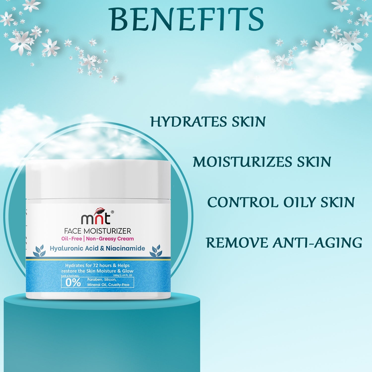 MNT Niacinamide & Hyaluronic Acid Face Moisturizer Cream for Plumping and Hydrating Skin | Anti-Aging Face Moisturizer for Dry Skin | Non-Greasy & Oil Free Cream | 100 g