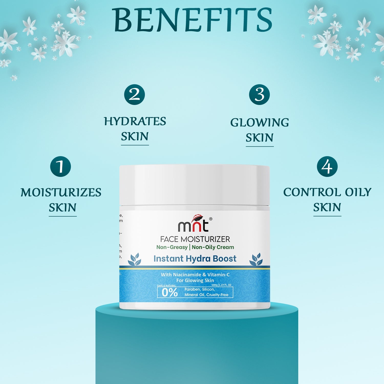 MNT Instant Hydra Boost Face Moisturizer Cream for Glowing and Softer Skin with Niacinamide & Vitamin C | Face Moisturizer for Dry Skin Hydration | Non-Greasy & Oil Free Cream | 100 g