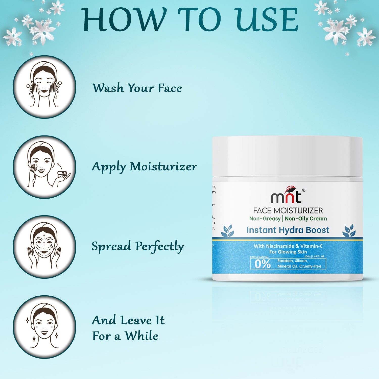 MNT Instant Hydra Boost Face Moisturizer Cream for Glowing and Softer Skin with Niacinamide & Vitamin C | Face Moisturizer for Dry Skin Hydration | Non-Greasy & Oil Free Cream | 100 g