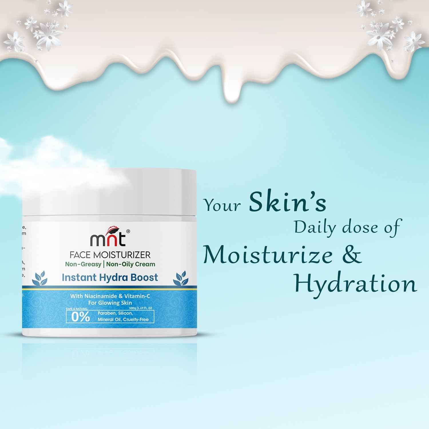 MNT Instant Hydra Boost Face Moisturizer Cream for Glowing and Softer Skin with Niacinamide & Vitamin C | Face Moisturizer for Dry Skin Hydration | Non-Greasy & Oil Free Cream | 100 g
