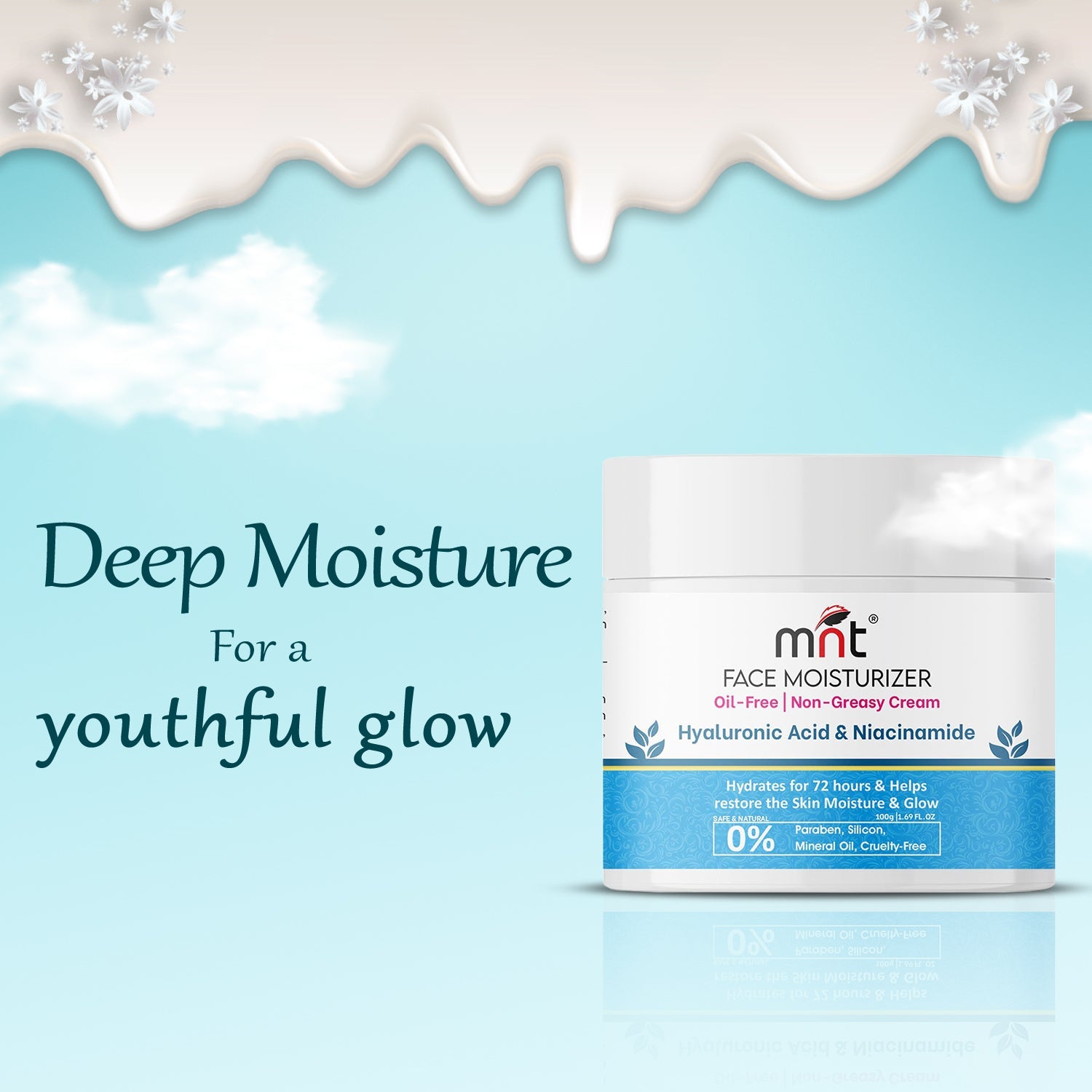 MNT Niacinamide & Hyaluronic Acid Face Moisturizer Cream for Plumping and Hydrating Skin | Anti-Aging Face Moisturizer for Dry Skin | Non-Greasy & Oil Free Cream | 100 g