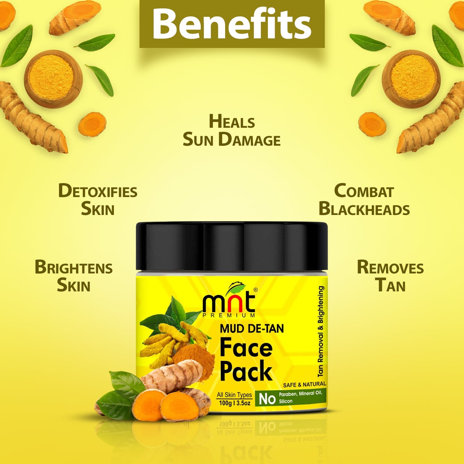 MNT Mud De-Tan Face Pack with Turmeric & Tea Tree Oil for All Skin Types Tan Removal| Skin Brightening, 100g