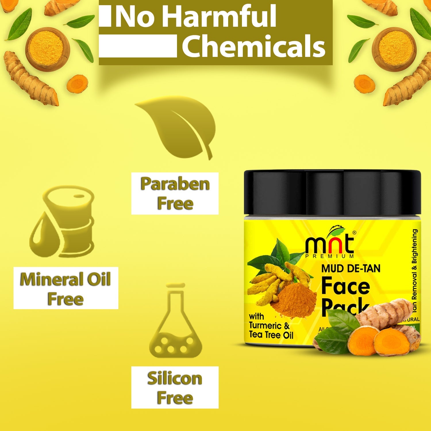 MNT Mud De-Tan Face Pack with Turmeric & Tea Tree Oil for All Skin Types Tan Removal| Skin Brightening, 100g