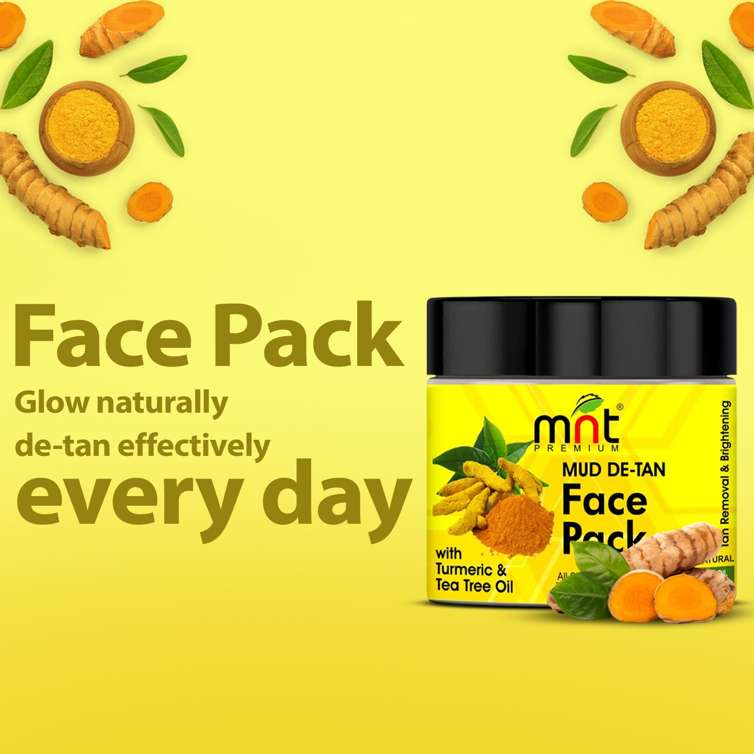 MNT Mud De-Tan Face Pack with Turmeric & Tea Tree Oil for All Skin Types Tan Removal| Skin Brightening, 100g