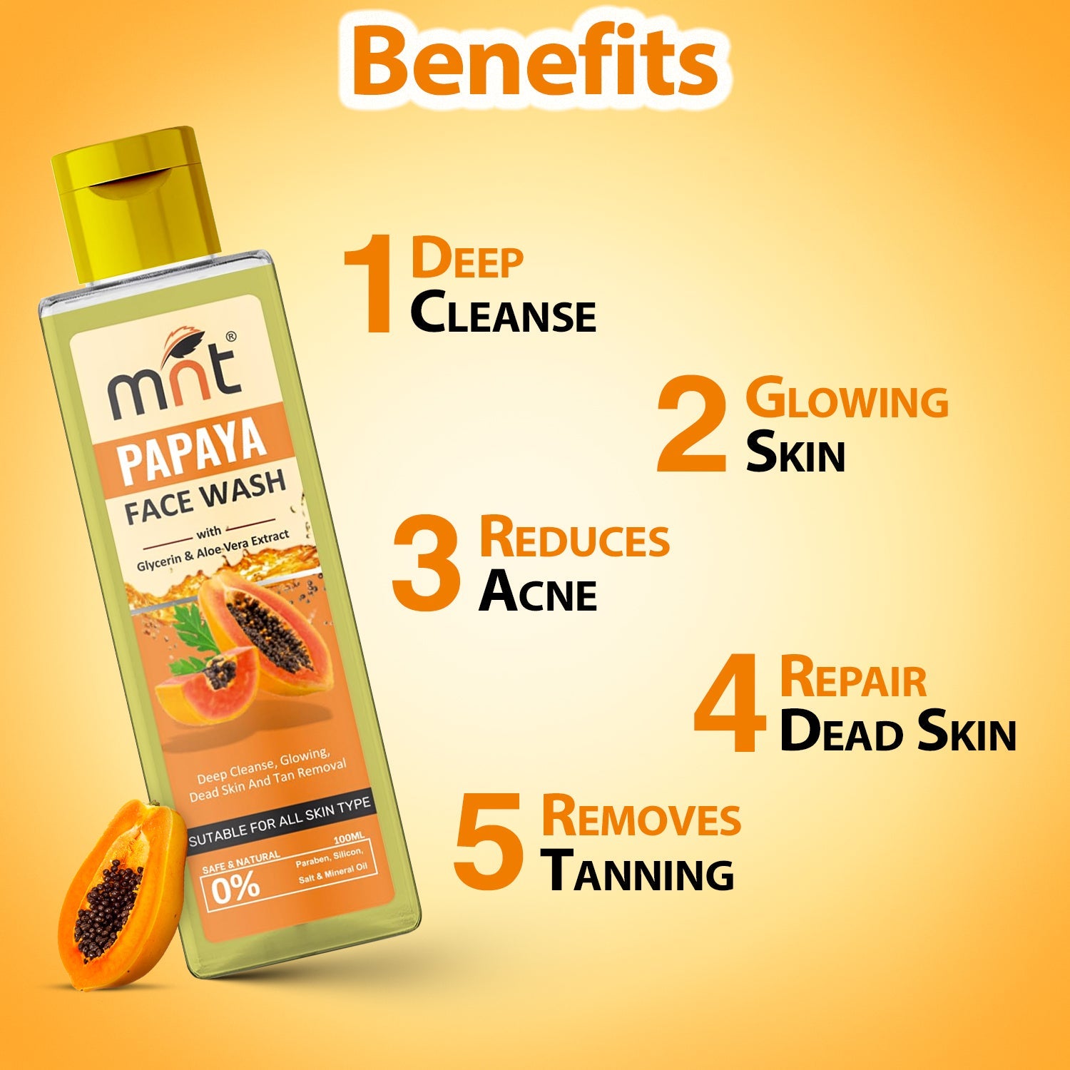MNT Papaya Face Wash with Glycerin & Aloe Vera Extract for Deep Cleanse, Glowing, Dead Skin and Tan Removal, 100 ml