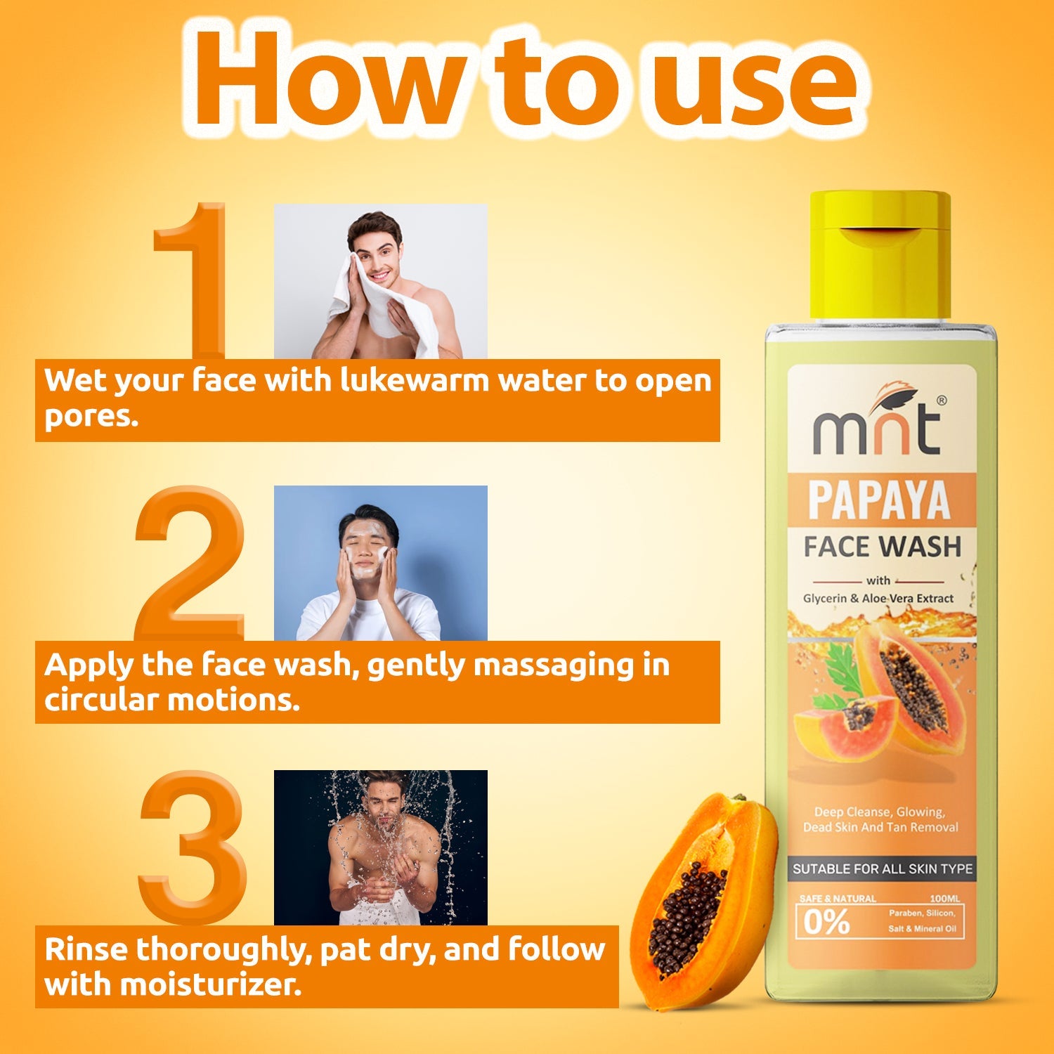 MNT Papaya Face Wash with Glycerin & Aloe Vera Extract for Deep Cleanse, Glowing, Dead Skin and Tan Removal, 100 ml