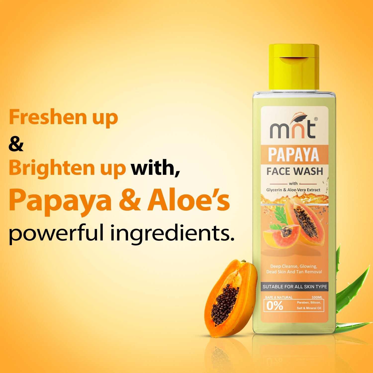 MNT Papaya Face Wash with Glycerin & Aloe Vera Extract for Deep Cleanse, Glowing, Dead Skin and Tan Removal, 100 ml