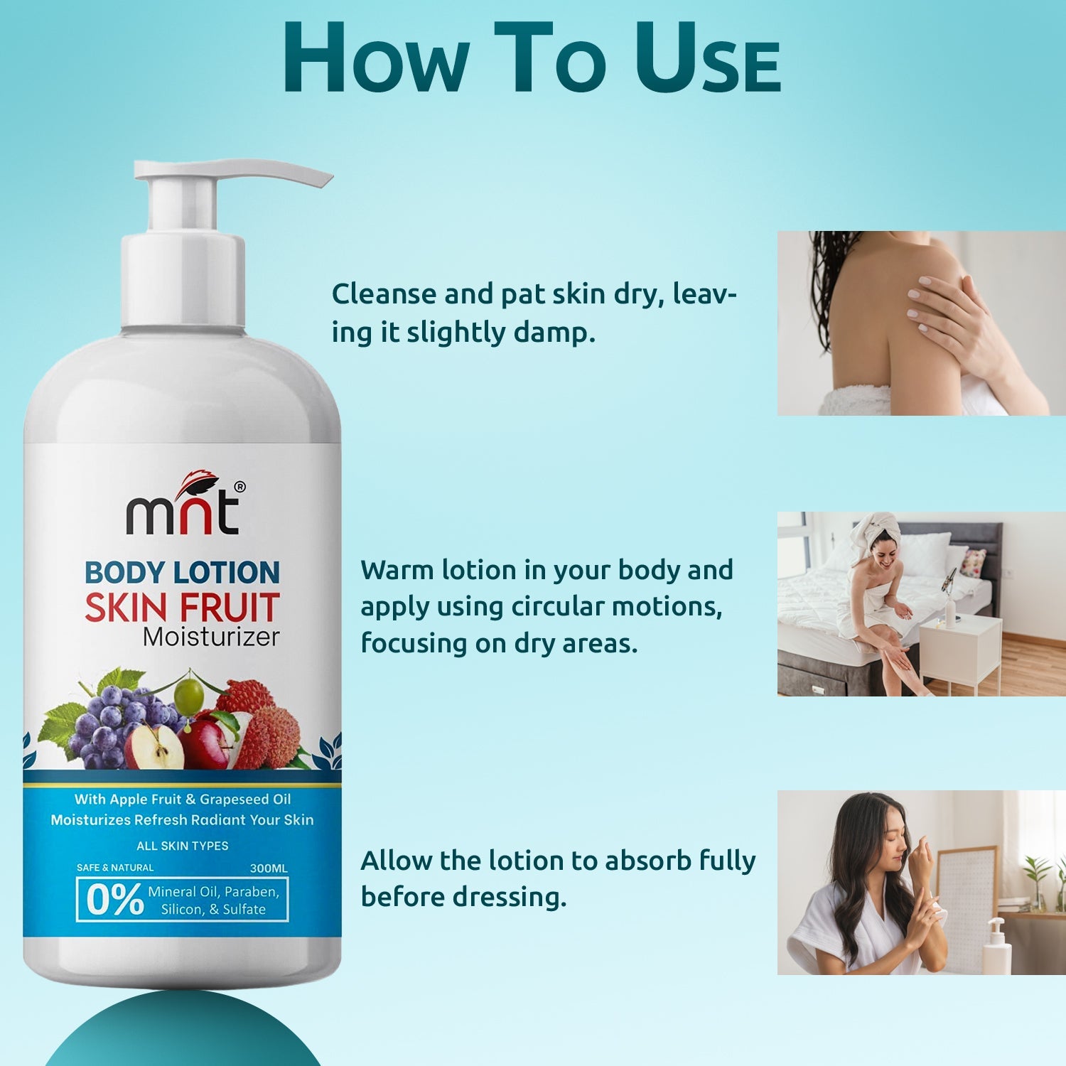 MNT Skin Fruits Moisturizing Body Lotion with Apple, Papaya & Grapes Extract, for Deep Moisturizing & Soft Skin, 300 ml