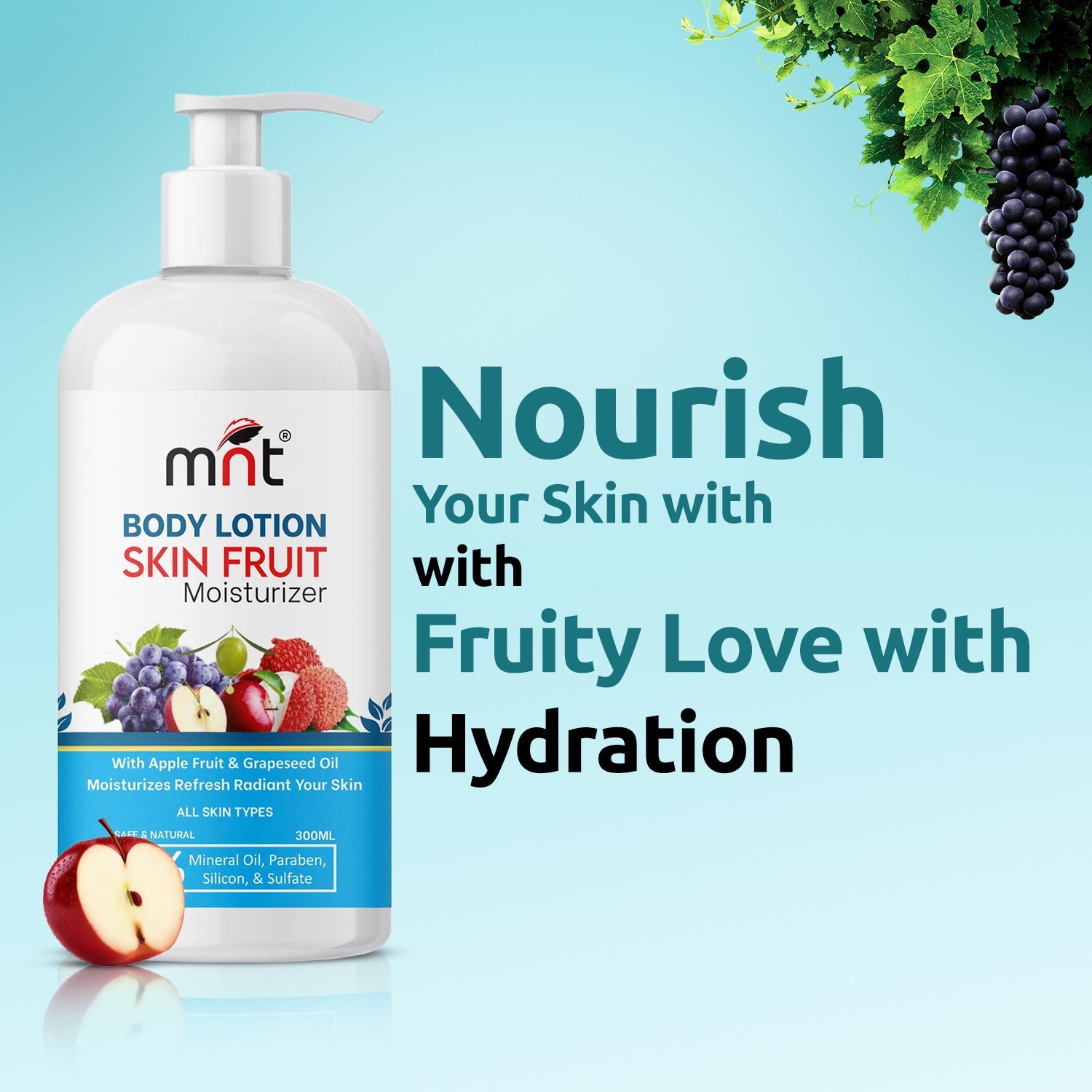 MNT Skin Fruits Moisturizing Body Lotion with Apple, Papaya & Grapes Extract, for Deep Moisturizing & Soft Skin, 300 ml